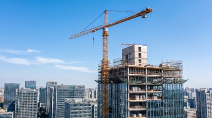 Fototapeta premium urban construction sites, a construction crane looms over a rising modern high-rise against a blue sky