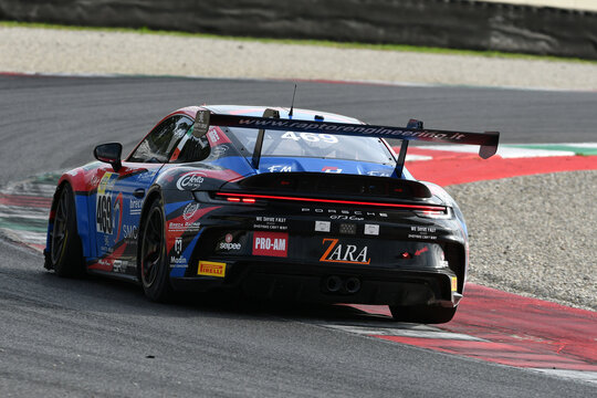 Scarperia, Italy - September 14th 2025: Porsche 911 GT3 Cup (992) of team RAPTOR ENGINEERING in action during Italian Championship GT Endurance race event at Mugello Circuit.