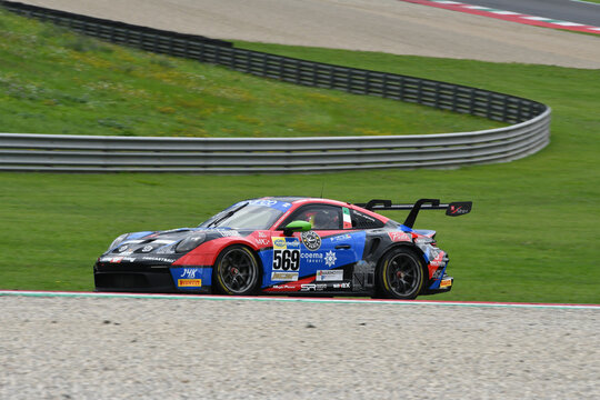Scarperia, Italy - September 14th 2025: Porsche 911 GT3 Cup (992) of team RAPTOR ENGINEERING in action during Italian Championship GT Endurance race event at Mugello Circuit.