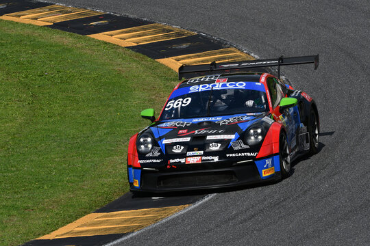 Scarperia, Italy - September 14th 2025: Porsche 911 GT3 Cup (992) of team RAPTOR ENGINEERING in action during Italian Championship GT Endurance race event at Mugello Circuit.