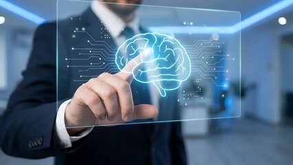 Fototapeta premium Man in dark suit touches glowing blue digital brain interface on transparent screen technology