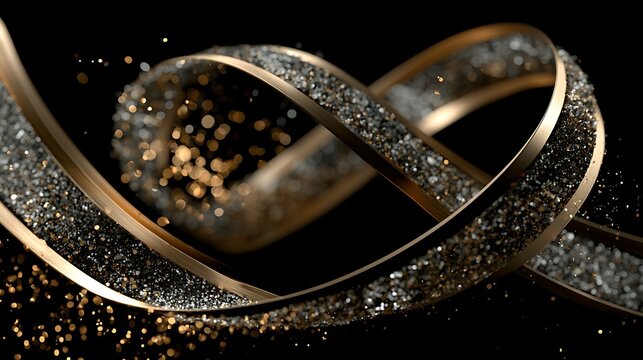 Elegant twisting golden ribbon filled with shimmering silver glitter and bokeh lights against dark background.