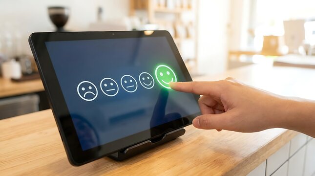 Hand touching happy face emoji on tablet screen for customer feedback survey satisfaction
