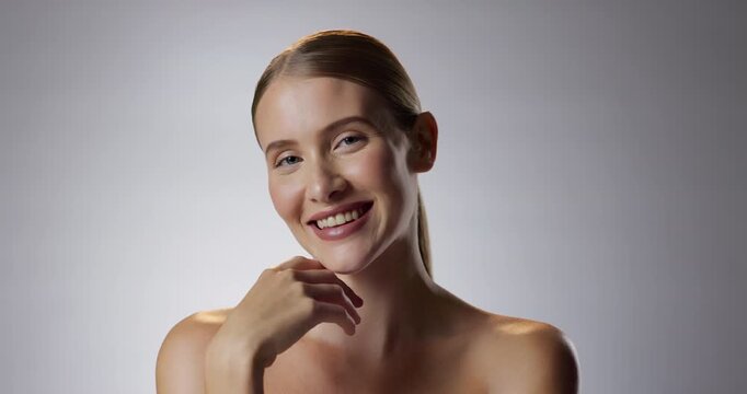 Woman, smile and portrait on gray background for wellness with beauty in confidence for self esteem. Aesthetic, pride and skincare in studio for makeup with face or routine in London with happiness.
