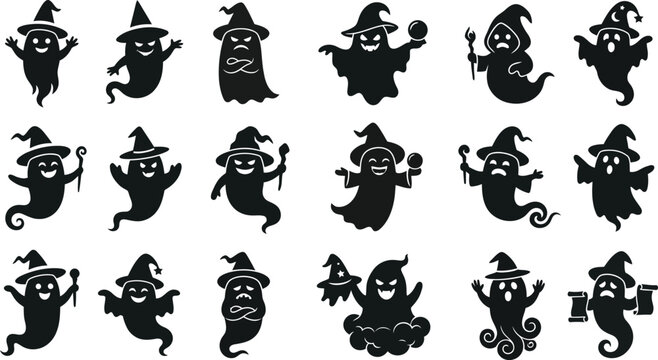 Halloween ghost collection diverse spooky ghost silhouettes with witch hats for seasonal designs