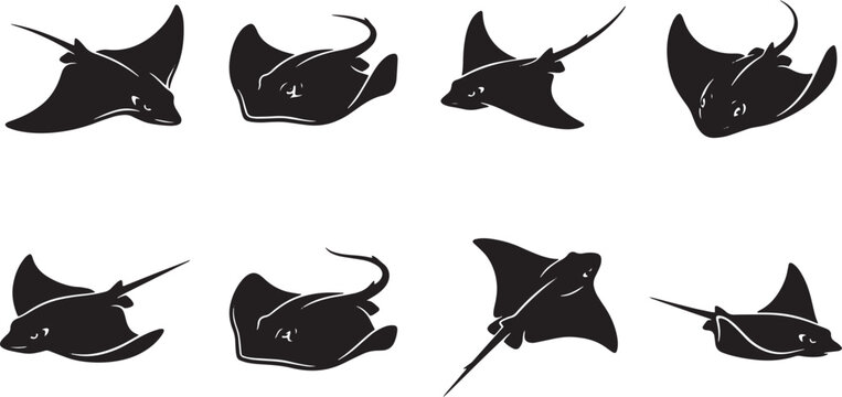 Black stingray vector icons, marine animal silhouettes, ocean creature graphics, set of 8 isolated on Transparent Background