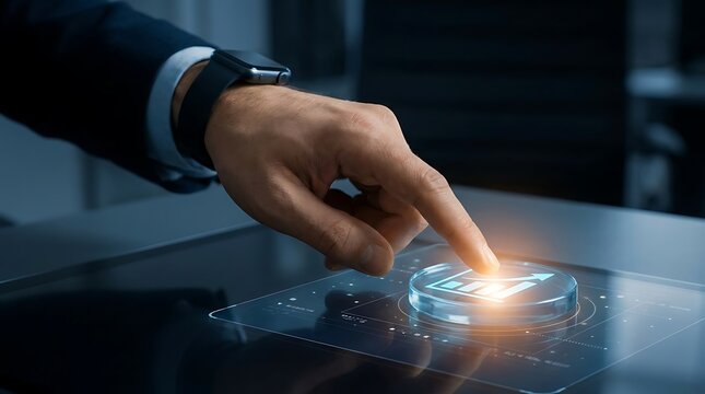 Man's hand wearing smartwatch touches glowing digital graph on futuristic interface touching finger