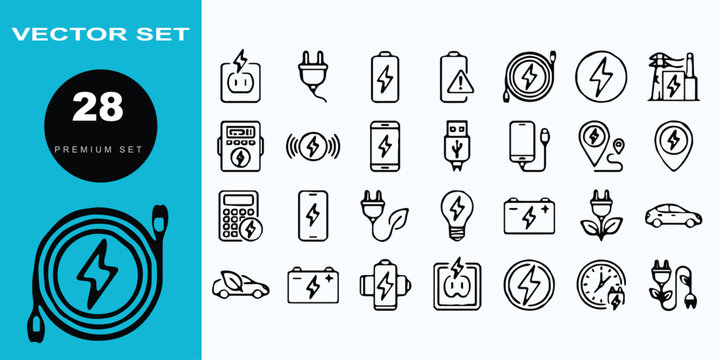 Set of 28 Electric Vehicle Charging and Energy Line Icons Vector