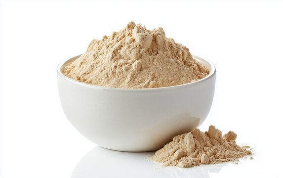 bowl of maca powder isolated on white