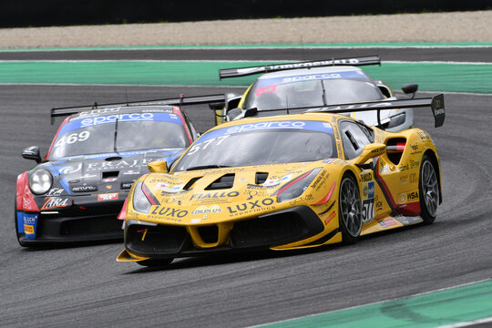 Scarperia, Italy - September 14th 2025: Ferrari 488 Challenge of team DOUBLETT in action during Italian Championship GT Endurance race event at Mugello Circuit.