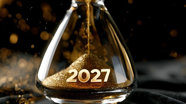 New year 2027 countdown concept with golden glitter sand pouring inside hourglass bulb against dark background.
