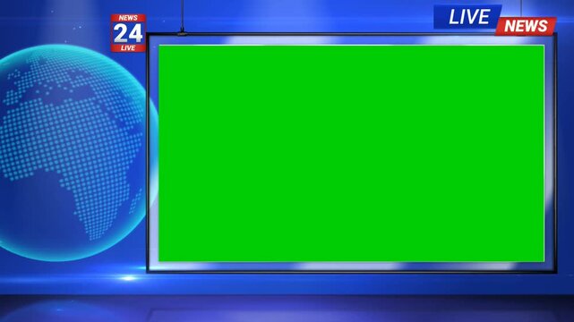 Live news studio background with green screen mockup display. Futuristic broadcast television studio backdrop with global world map graphic and digital interface vector illustration.