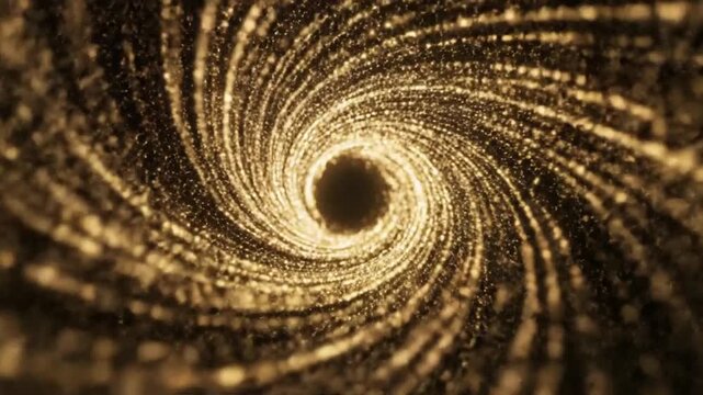 Golden Swirling Vortex of Glittering Particles Creating a Cosmic Tunnel Effect with a Dark Center and Bright Streaks of Light