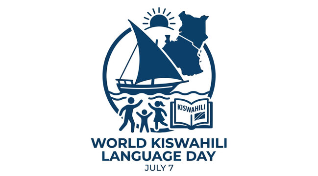 Kiswahili language day illustration with sailboat sun and people on white background