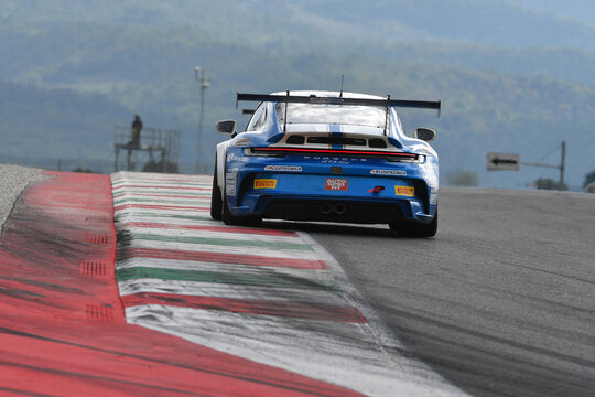 Scarperia, Italy - September 14th 2025: Porsche 911 GT3 Cup (992) of team SP RACING in action during Italian Championship GT Endurance race event at Mugello Circuit.