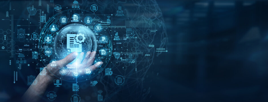 Large corporate information archives require streamlined electronic filing architectures. A systems admin touch a data flow on global network Document Management to track internal company files.