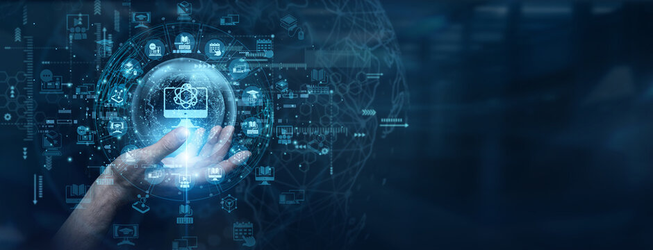 Modern virtual learning classrooms require highly interactive software engagement platforms. A school teacher touch a data flow on global network Educational Technology to deliver distance learning.