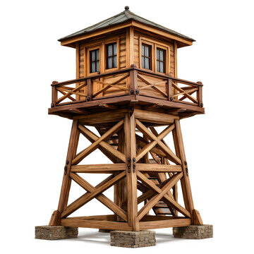 Rustic wooden guard tower structure isolated on a white background with security