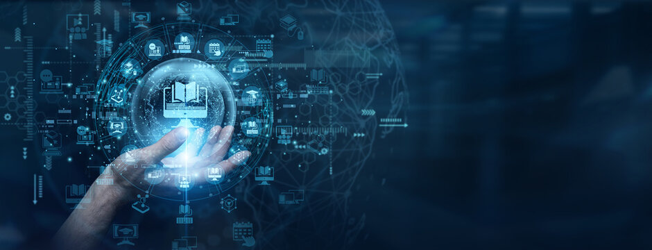 Modern digital education platforms require scalable student collaboration frameworks. A creative instructor touch a data flow on global network E-learning platforms to deliver interactive lessons.