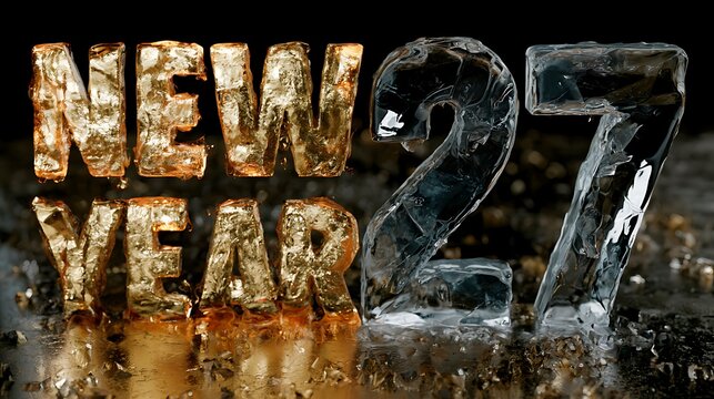 Happy New Year 2027 text concept with letters made of golden amber and clear melting ice blocks on dark reflective background.