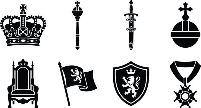 Royal Heraldic Regalia Silhouette Icons Set with Crown Throne Sword Shield and Medal