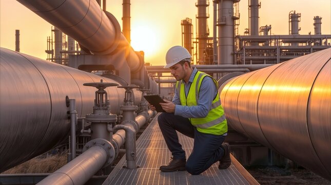 Petrochemical technician using digital tablet for pipeline inspection during sunset. Maintenance specialist monitoring oil and gas infrastructure at industrial refinery plant.