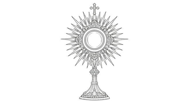 Outline drawing of a monstrance with a cross on a white background religious catholic