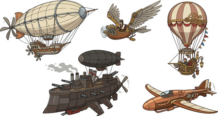 Steampunk flying machines set with airships and vintage aircraft in a flat cartoon vector art © KhadizaAkter