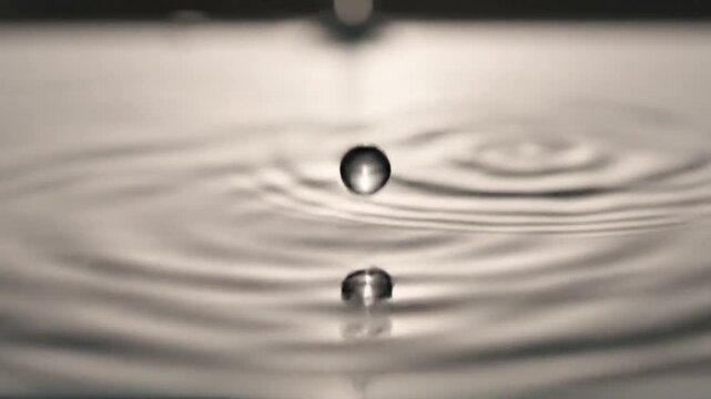 Close up macro shot of clear water drops falling into a still surface creating concentric ripples and reflections Keywords: water, drop, falling, ripple, surface, liquid, splash, wet, clear, clean