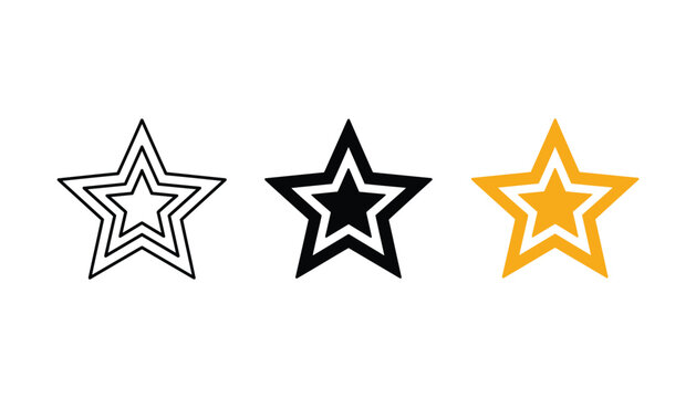Decorative five pointed star icon set with double outline and solid fill in black and golden yellow flat vector style isolated on white background for rating and quality assessment concepts