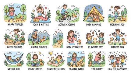 Fototapeta premium Activities with Pets and Nature Illustration Set Featuring Outdoor, Exercise, Yoga with Cycling and Camping Elements for Jogging