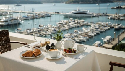 Fototapeta premium Breakfast With a View of the Marina and Boats at a Seaside Location in the Morning Light