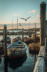 Fototapeta premium Boats Docked at a Harbor With Seagulls Flying Above During Sunset