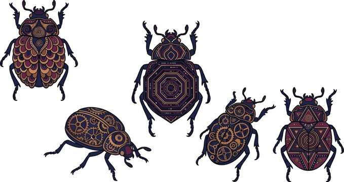Steampunk style mechanical beetles with intricate gear and clockwork patterns vector design
