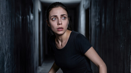 Fototapeta premium Scared woman looking back in dark narrow hallway. Fear and anxiety concept in dimly lit corridor.
