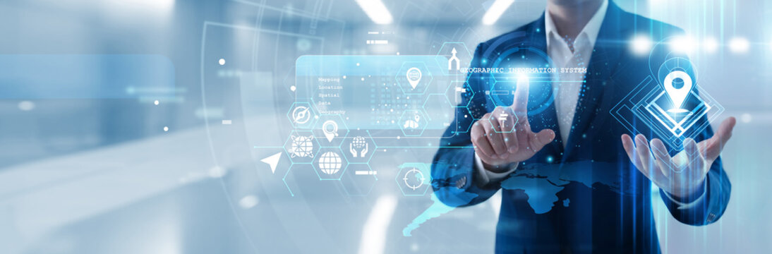 Urban planner hand touching geographic information system map to analyze spatial data, monitor land use and visualize environmental changes for smart city development and infrastructure.