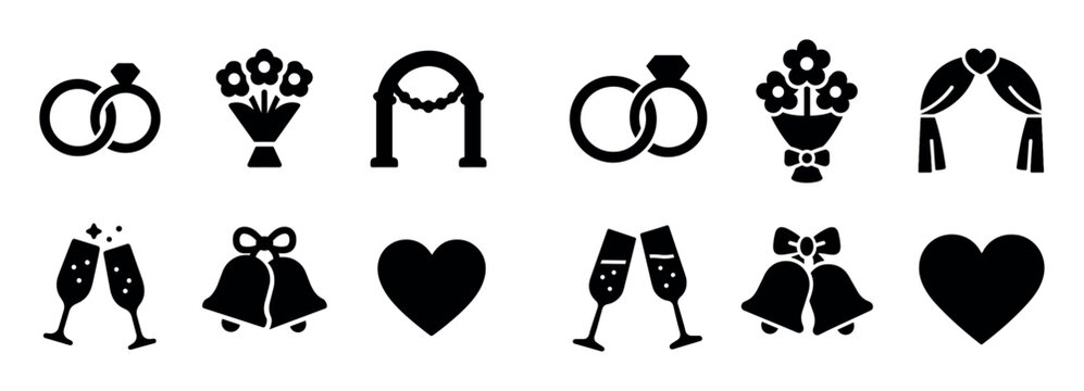 Wedding icons with rings bouquet arch flat