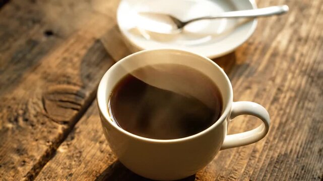 Steaming Cup of Black Coffee on a Rustic Wooden Table with Sunlight and a Small Saucer and Spoon