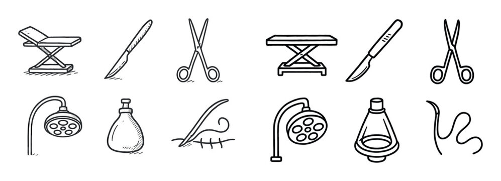 Medical icons with scalpel scissors lamp outline