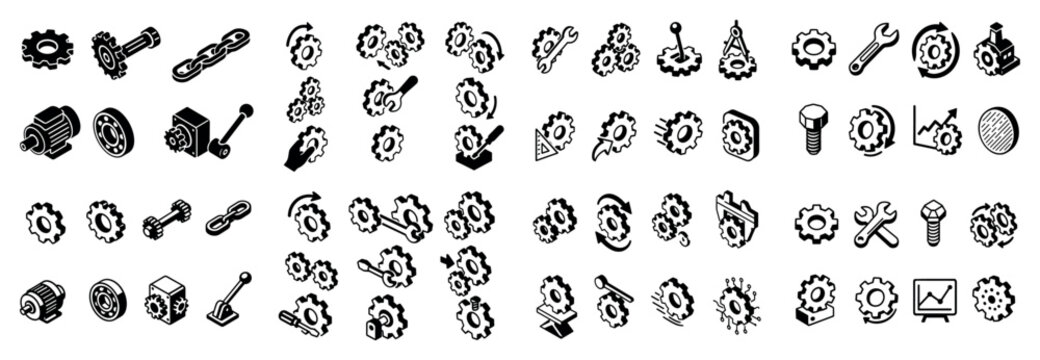 Mechanical icons with gears wrench bolt outline
