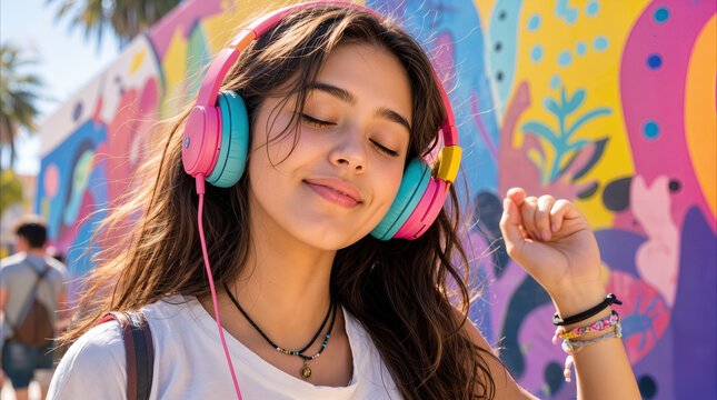 Latina teenager listening to music with colorful headphones in front of vibrant mural. Gen Z girl enjoying favorite playlist outdoors during sunny day.