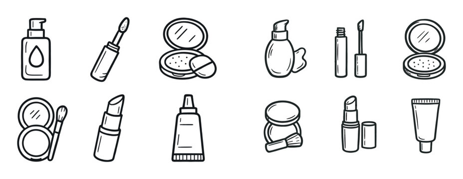 Beauty icons with lipstick compact brush outline