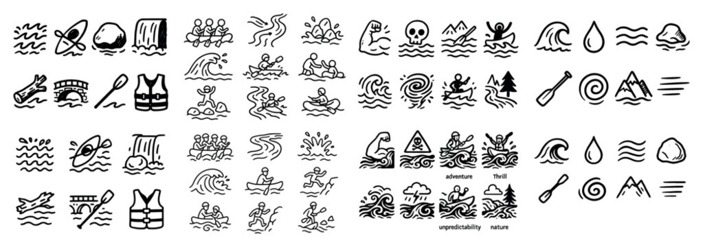 Nature icons with wave swimmer and lifejacket sketch