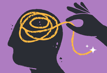 Plakat Mental health, psychology, therapy. Abstract vector of human head with a hand untangling knot of tangled thoughts. Self help, counseling, self care, problem solving concept. Isolated flat illustration