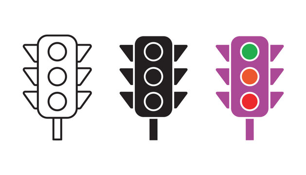 Traffic light signal icons set showing road safety control system in three styles including thin line outline solid black silhouette and colorful flat vector design for urban transportation concepts