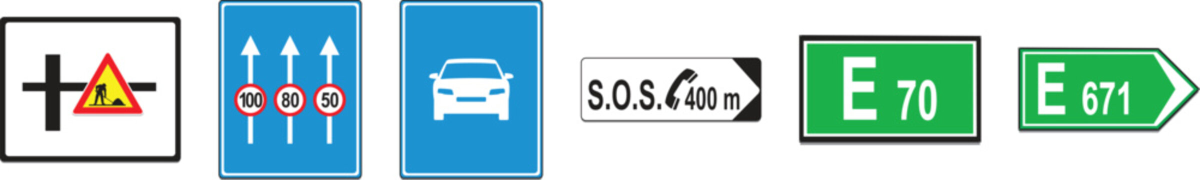 Road signs set with speed limits and route markers
