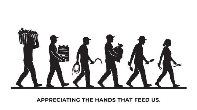 Workers Carrying Farm Produce and Tools Silhouette in Appreciation Concept