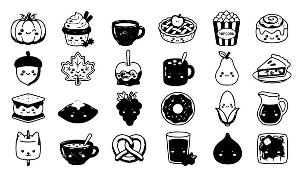Cute Kawaii Fall Food and Drink Vector Set Pumpkin Muffin Tea Autumn Cartoon Collection