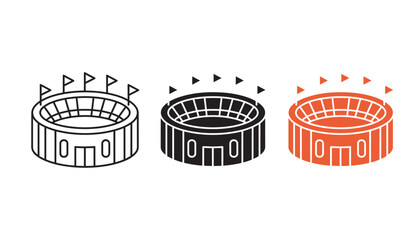 Outdoor sports stadium arena icon set with flags in outline solid black and red flat vector style isolated on white background for event planning and championship tournament graphic design projects © TARU STOCKPLC
