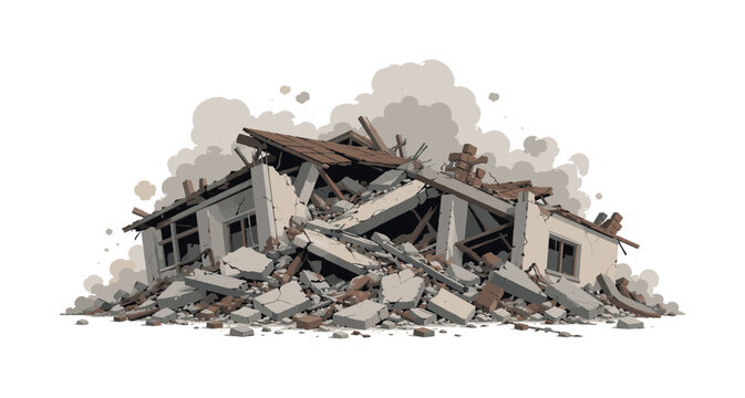 Collapsed building rubble with broken roof, debris and gray dust cloud, rubble, building, debris, collapse, construction, gray,
